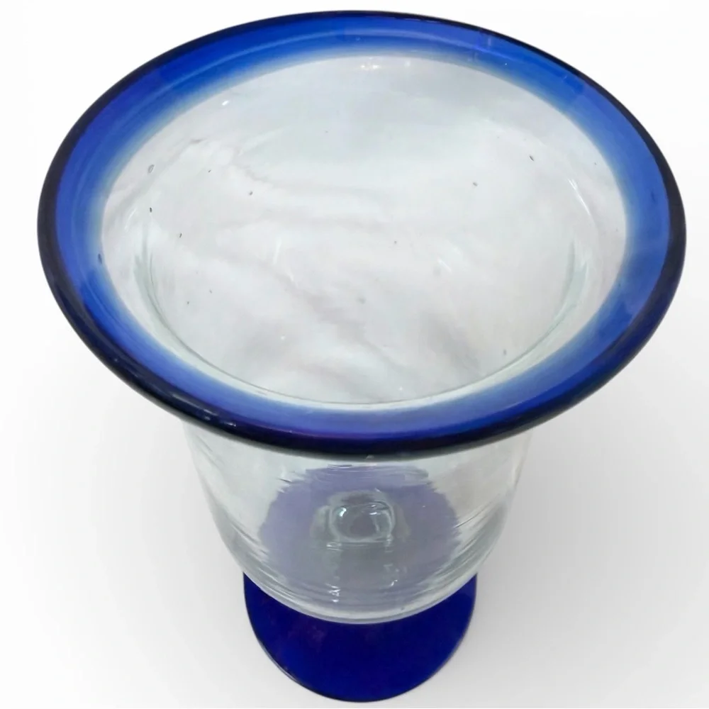 Vintage Cobalt Blue Rim Glass Goblets Set of 2 Hand Blown Glass Elegant Barware